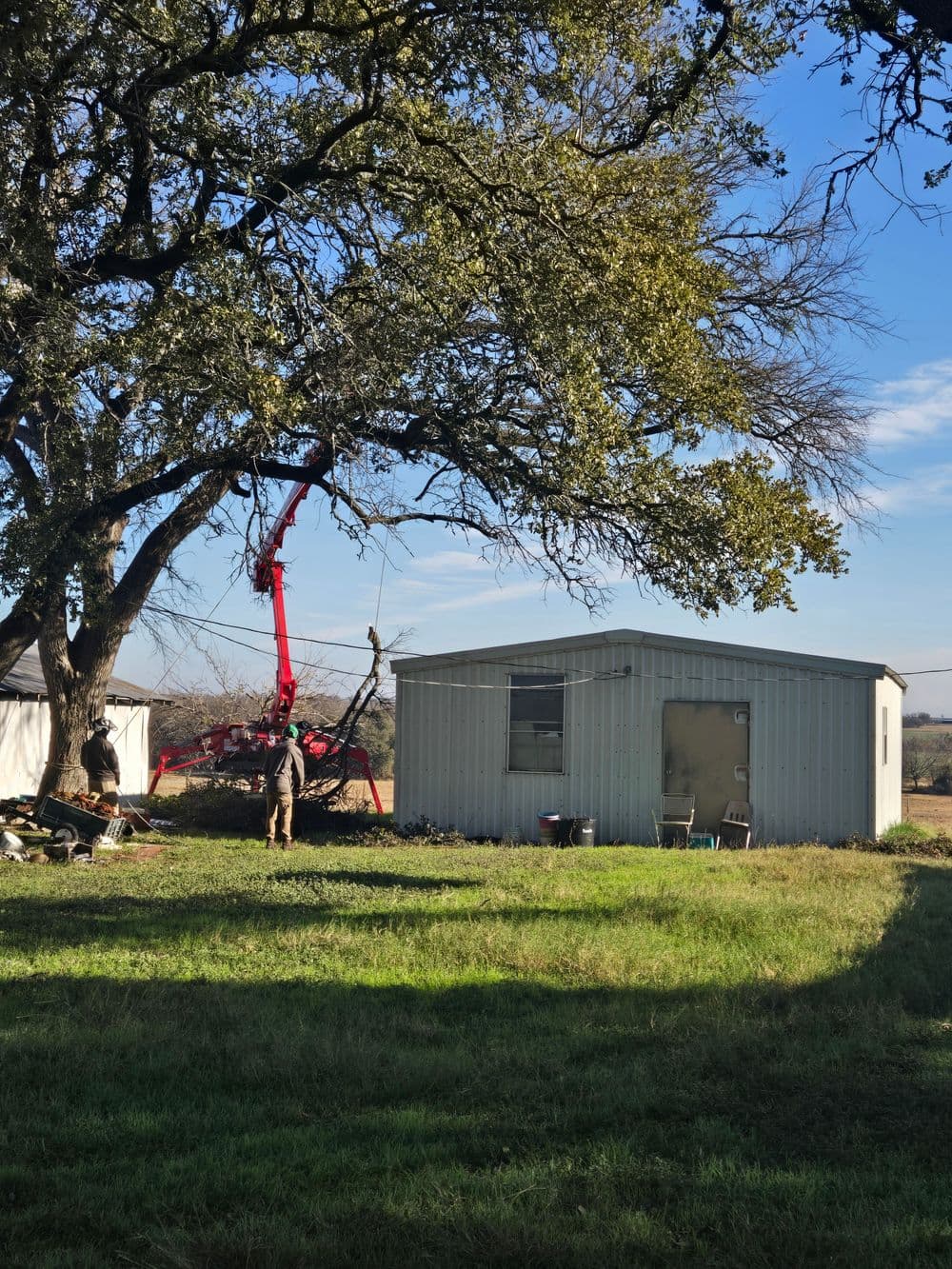 Tree trimming equipment near a metal storage building under blue sky with green grass.