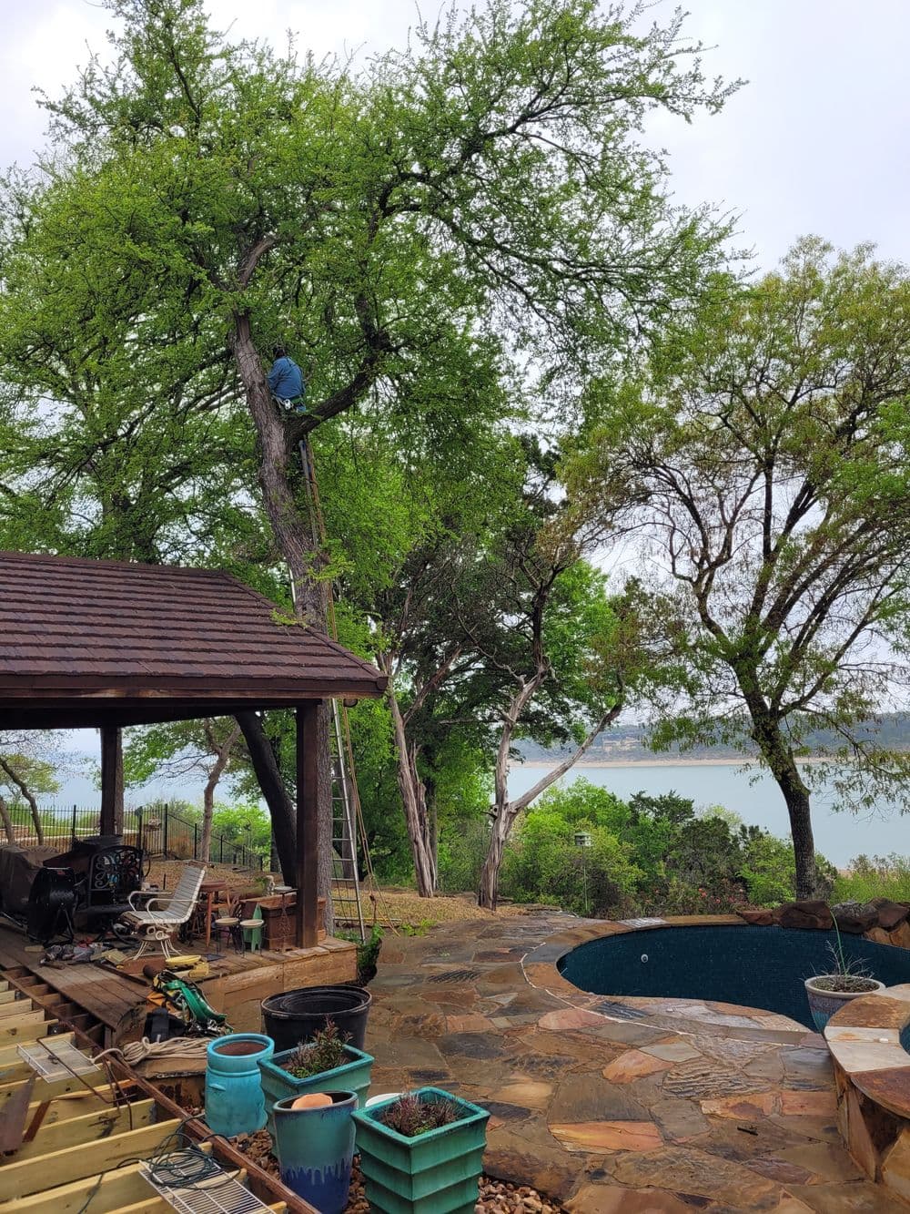 Scenic backyard with pool, lush trees, and views of the lake on a cloudy day.