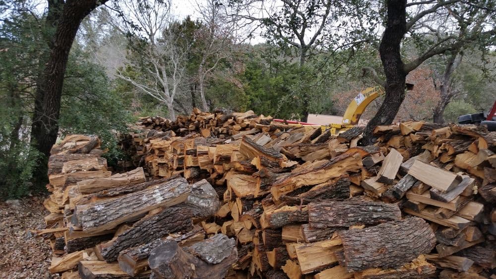 Stacked firewood in a wooded area with trees in the background and a machinery in view.