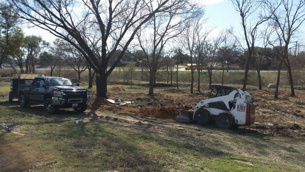 Pickup truck and skid steer loader working on landscaping in a cleared area with trees.